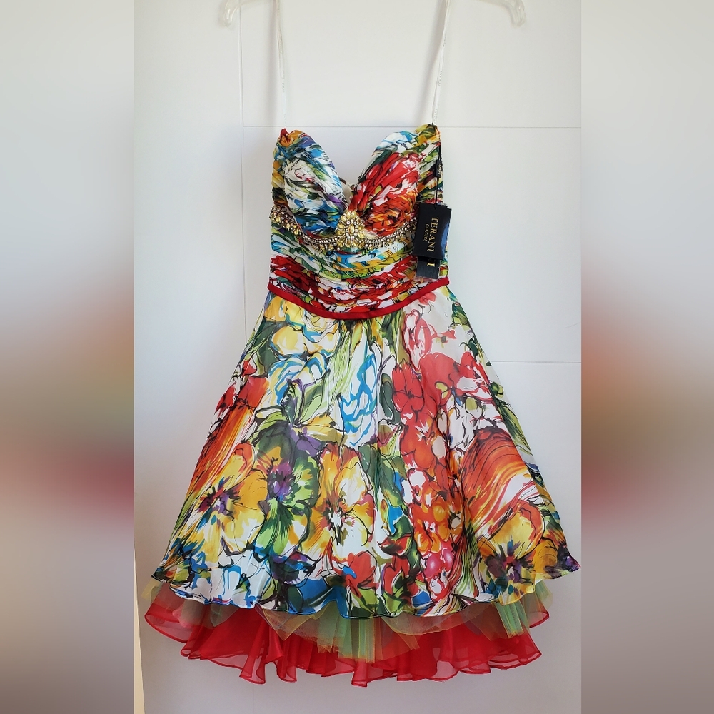 NWT Terani strapless multicolored silk cocktail dress